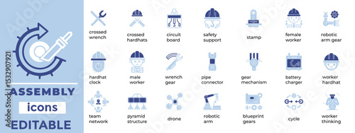 Editable assembly line vector icons designed for manufacturing, automation, and industry with a clean, modern style.