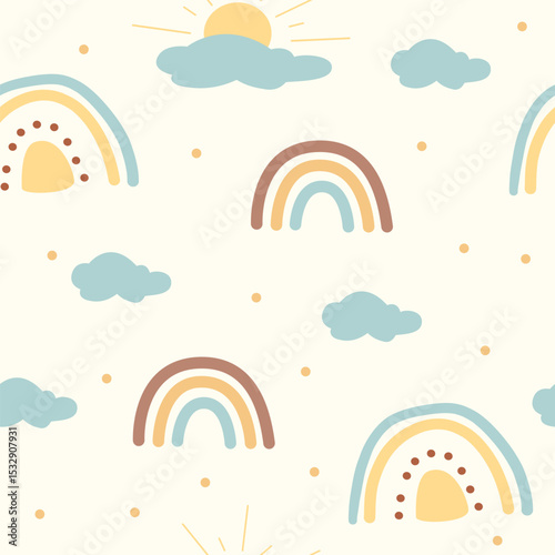 Bright and colorful nursery wall art showcases a seamless pattern of rainbows and clouds, creating a cheerful environment perfect for children's spaces. Ideal for playful decor in any room.