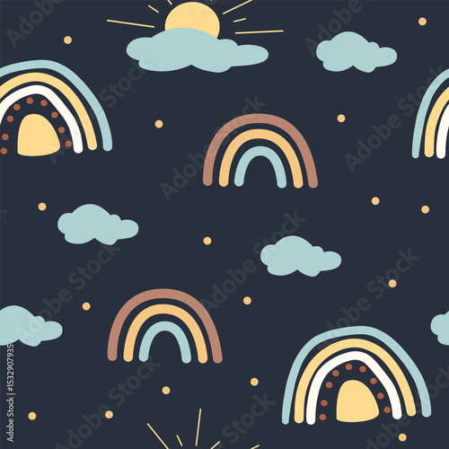 Bright and colorful nursery wall art showcases a seamless pattern of rainbows and clouds, creating a cheerful environment perfect for children's spaces. Ideal for playful decor in any room.