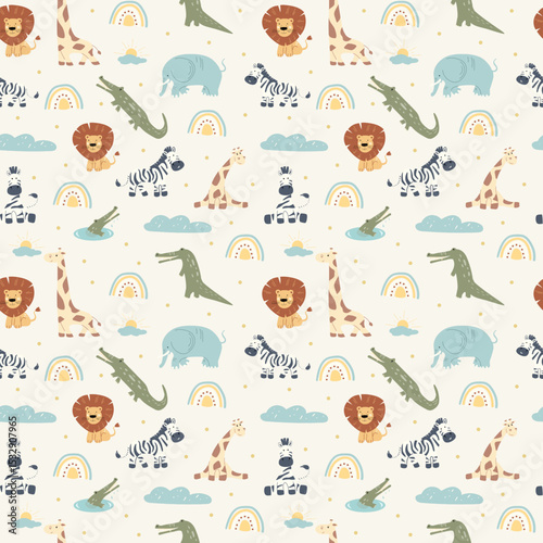 This delightful nursery wall art showcases a seamless pattern of safari animals including lions, giraffes, zebras, and crocodiles. Perfect for adding playful charm to any child's room.