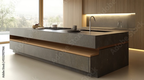 Modern Minimalist Kitchen Island with Dark Stone Surface and Wooden Accents in a Bright Open Space