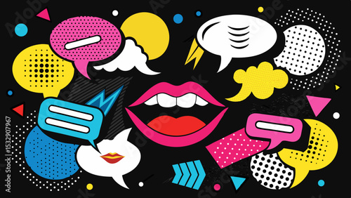Trendy Pop Art Mouths and Colorful Speech Bubbles in Retro Comic Style Collage on Black  Generative AI