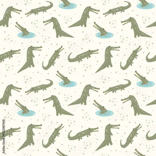 This delightful nursery wall art showcases a seamless pattern of safari animals, including playful crocodiles in a tranquil setting. It's perfect for children's rooms and playful spaces.