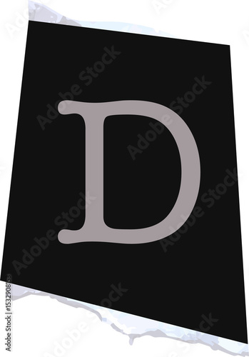 Grey letter D is floating on rotated black panel with torn white strips over transparent background