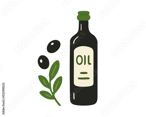 Olive Branch with Leaves and bottle of olive oil for a Mediterranean Food Theme Vector illustration