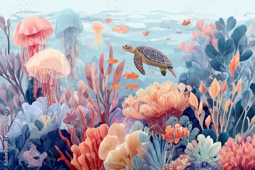 Colorful underwater scene with turtle swimming among corals and jellyfish  