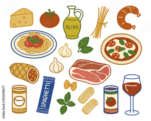 Assorted Italian Dishes with Cheese, glass of wine, soup, salami, olive oil, canned tomatoes, meat, spaghetti, for a Rich Cuisine Theme Vector illustration