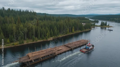 Aerial View of a Tugboat Transporting Logs on a River Amidst a Forest