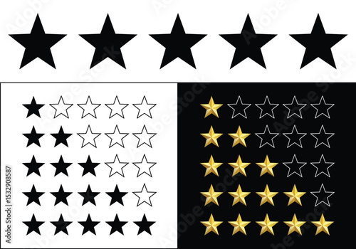 Vector Set of Five Star Rating Icons. Gold and Black Stars from 1 to 5. Isolated on White Background for Review, Score, and Feedback Designs