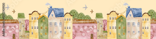 Architectural seamless border pattern on a yellow background. Cute watercolor buildings and trees. Panorama of fairytale houses, old town streets. Trendy scandinavian background