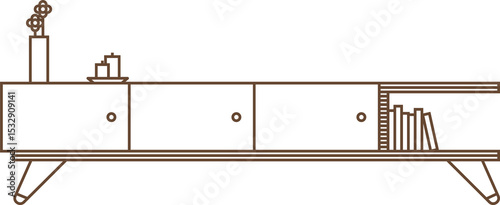 Mid-century credenza is standing in line art with vase, candles, books, transparent background