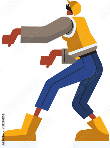 Vector builder is pushing machine, wearing yellow helmet, orange vest, yellow boots, transparent bg