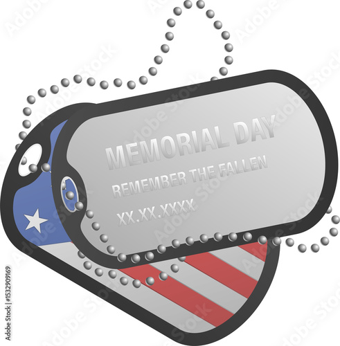 Fototapeta Naklejka Na Ścianę i Meble -  Displaying flat art dog tags on chain with Memorial Day American flag motif transparent background