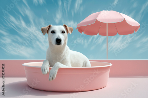 White dog lounging in a pink tub under a matching umbrella against a bright blue sky