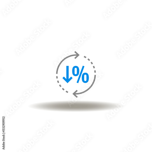 Vector illustration of percent with arrow down and round arrows. Symbol of cost control.