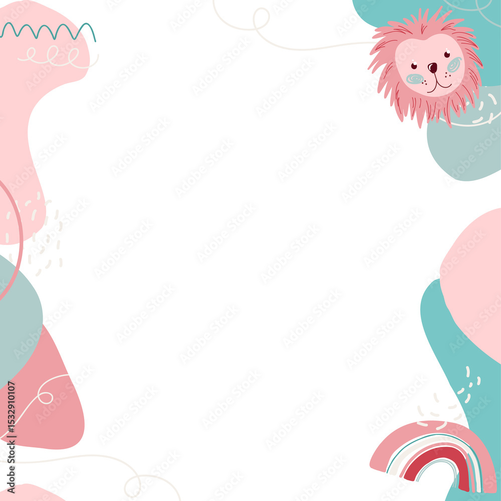 Obraz premium Flat design border is featuring pastel blobs, doodles, lion head, rainbow, transparent, copy space