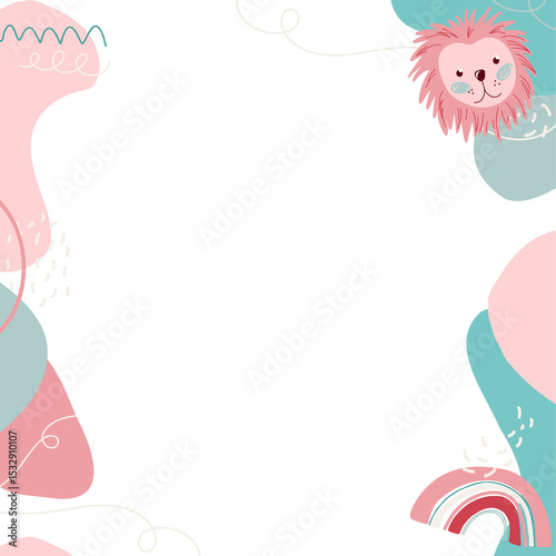 Fototapeta Naklejka Na Ścianę i Meble -  Flat design border is featuring pastel blobs, doodles, lion head, rainbow, transparent, copy space