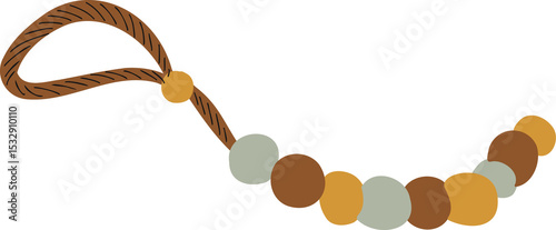 Flat illustration showing multicolored beads on transparent background featuring twisted brown cord
