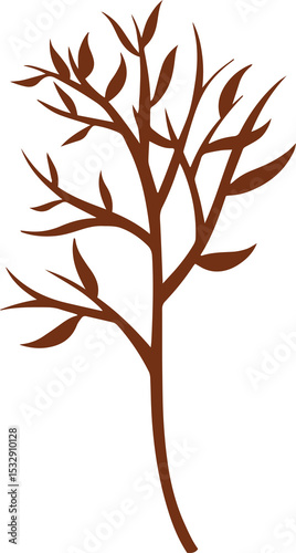 Stylized brown branch silhouette with leaves is showing on transparent backdrop in flat design