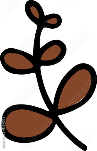 Stylized plant sprig is floating in flat design on transparent background showing brown oval leaves