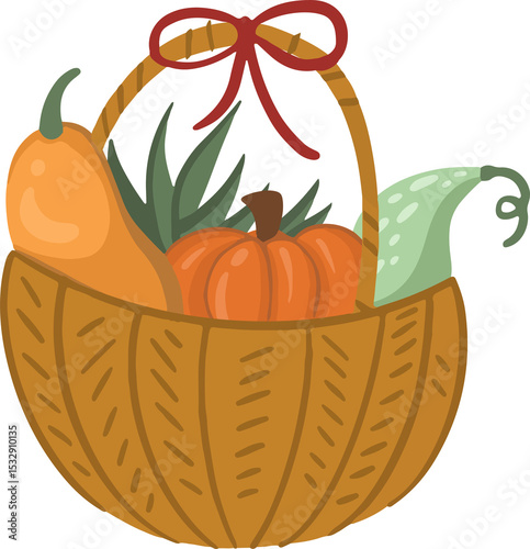 Vector art showing harvest basket tied by red bow holding pumpkin, gourds, transparent background