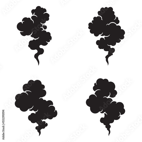 Set of black smoke silhouettes on white background for graphic design elements