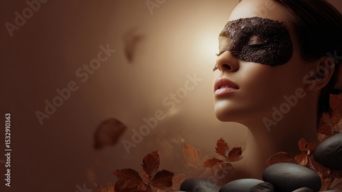 A woman with her eyes covered by an eye mask, surrounded by black round stones and brown leaves, a tranquil spa environment, product photography for a beauty brand.