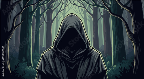 Hooded Figure in Enchanted Forest with Dark Aesthetic
