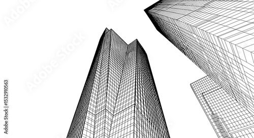Modern Twin Skyscrapers in Technical Line Drawing
