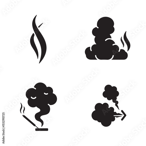 Set of elegant black silhouette smoke icons representing vapor incense aroma and abstract forms for diverse design purposes.