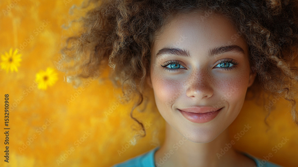 Fototapeta premium Smiling woman with blue eyes on yellow floral background