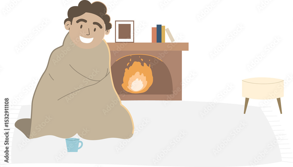 Obraz premium Male figure is sitting in beige blanket by lit fireplace, flat design on transparent background