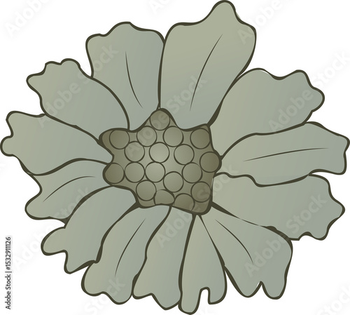Stylized green flower is floating on transparent background, showing graphic petals and center