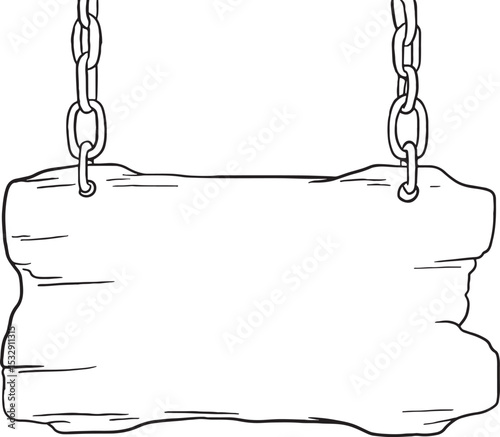 Hand-drawn blank wooden signs suspended by chains, featuring various shapes and textures. These rustic and vintage-inspired doodle elements are perfect for adding custom text, messages, or directions.