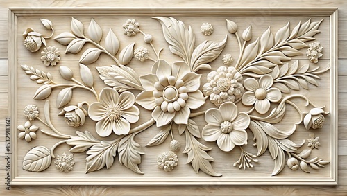 Detailed wooden floral relief carving with intricate flowers and elegant leaves