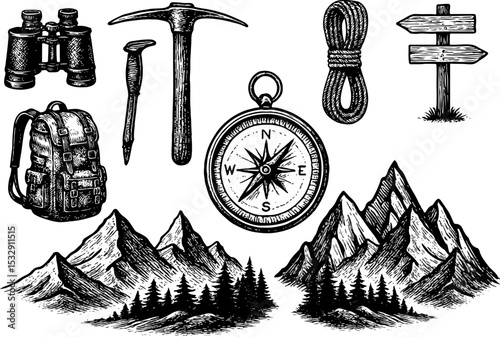 A detailed black and white, hand-drawn collection of mountain climbing and hiking gear, including a compass, backpack, binoculars, ice axes, rope, signpost, and rugged mountains