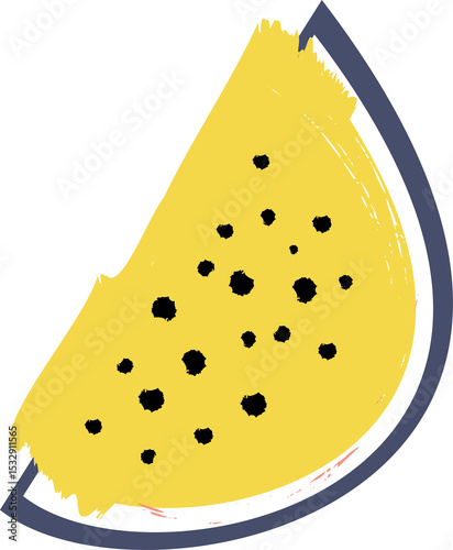 flat yellow watermelon slice is floating with rough strokes and black seeds on transparent backdrop
