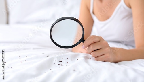 Woman inspecting bed linens with magnifying glass