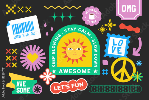 Funky hipster retrowave stickers in geometric shapes. Retro-style fun Y2K graphic collection of cool cute stickers, trendy patches, tags in groovy style. Vector illustration of y2k, 90s labels
