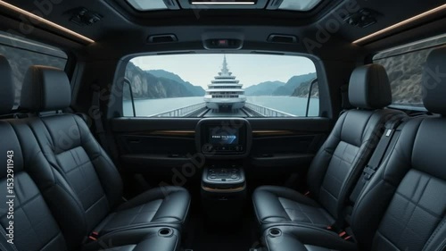 Luxury Interior of a Car with a View of a Boat on a Lake during the Day