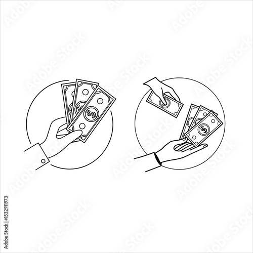 Illustration of hands holding money inside circles on a white background