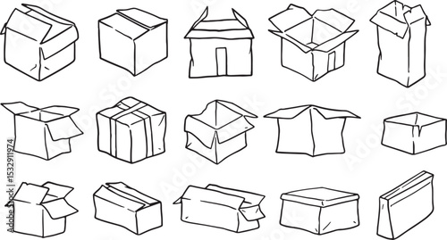 A comprehensive collection of hand-drawn cardboard boxes in various states: open, closed, taped, and crumpled. This versatile set is ideal for illustrating concepts related to packaging, shipping.