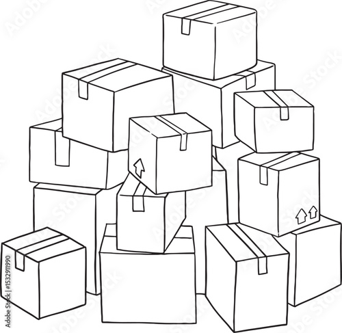 hand-drawn illustration of a large stack of various cardboard boxes, some taped , depicting storage, shipping, or moving. This doodle is perfect for designs related to logistics, deliver.