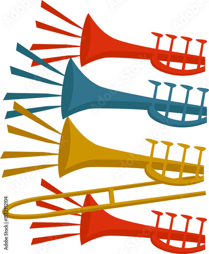 Four abstract trumpets are radiating vibrant sound waves in flat design, transparent background