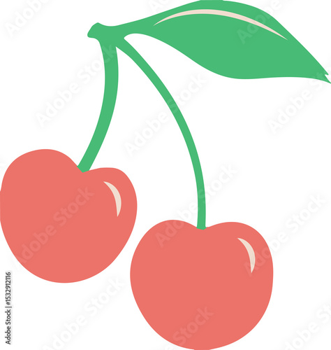 Cherries are hanging on green stems with leaf in flat design, transparent background, copy space