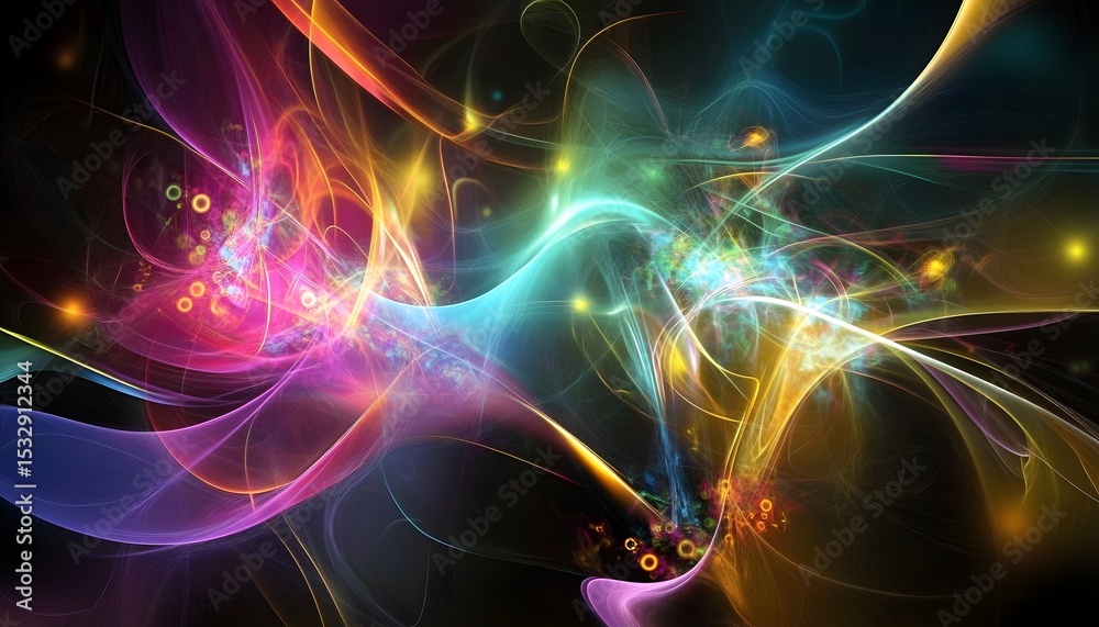 Fototapeta premium Colorful abstract design with swirling lines and glowing particles.