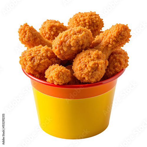 Golden Fried Chicken Drumsticks in a Yellow Bucket Isolated on Transparent