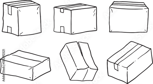 A comprehensive collection of hand-drawn cardboard boxes in various states: open, closed, taped, and crumpled. This versatile set is ideal for illustrating concepts related to packaging, shipping.
