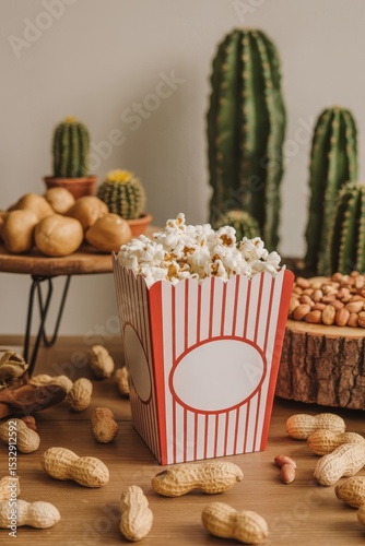 Popcorn box with peanuts and snacks on wooden table with cacti  
