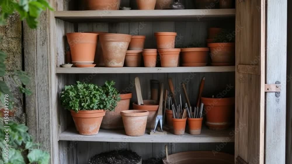 Wooden garden shed cabinet filled with terracotta pots and gardening tools